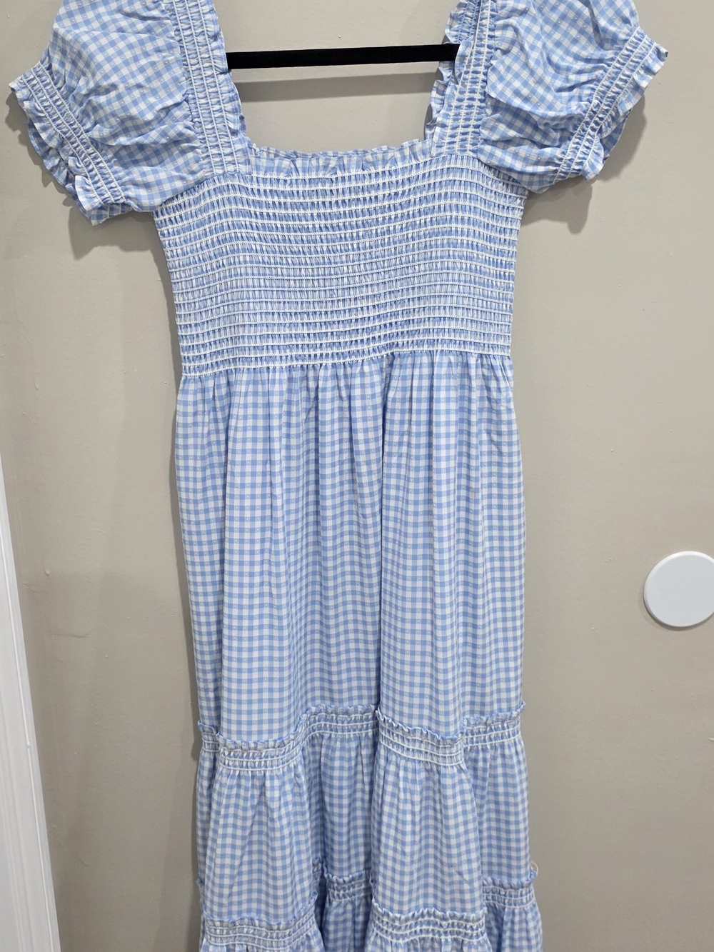 Girls Blue Gingham Smocked Puff-Sleeve Dress